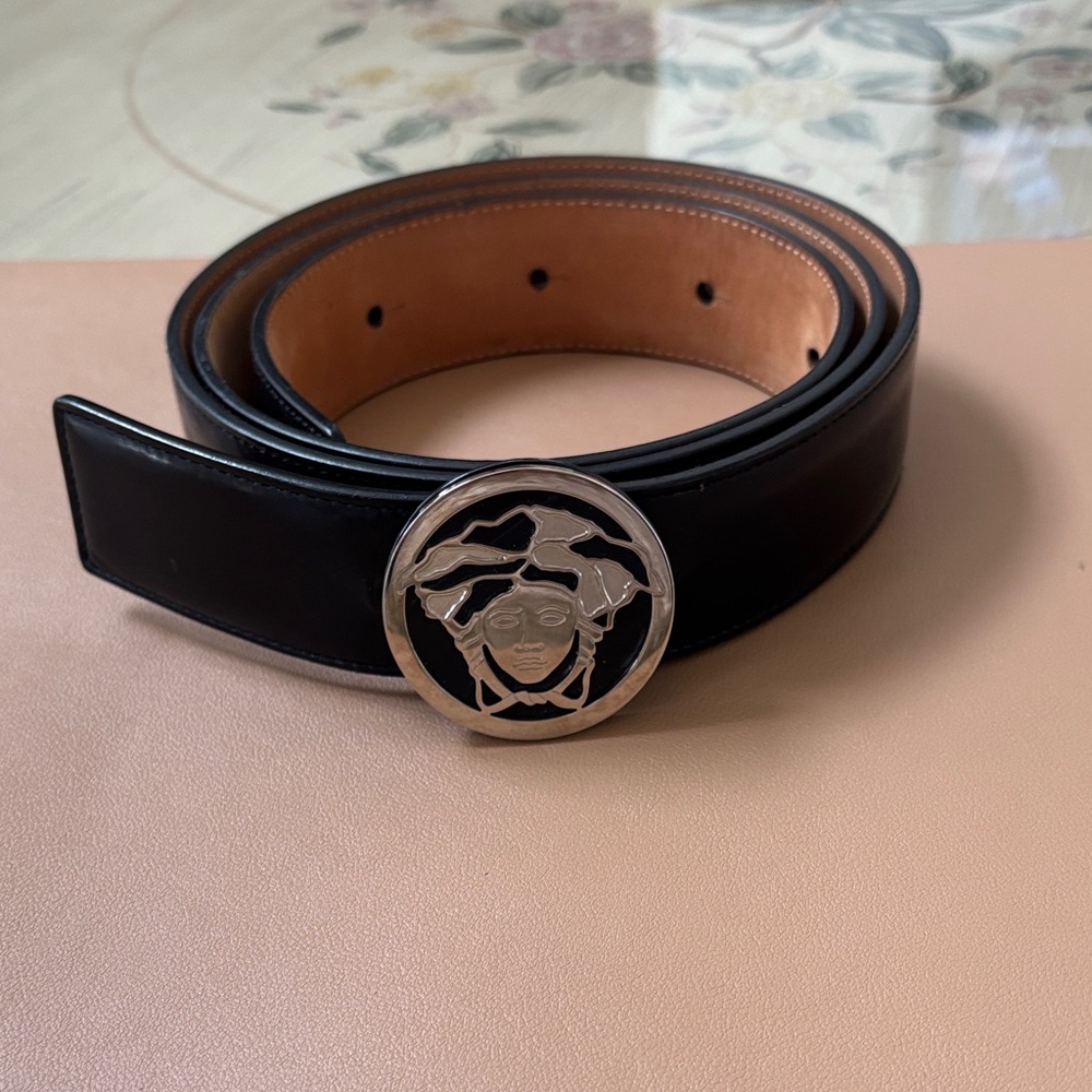 Versace Black Leather Belt with Silver Medusa Buckle